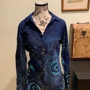 Desigual blue and navy peacock feather print button up shirt size XL